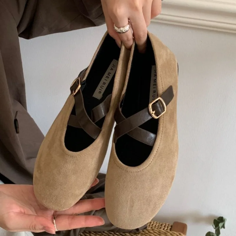

High Quality Suede Ballet Flats Women Fashion Cross Narrow Band Buckle Design Mary Jane Shoes Comfortable Soft Sole Loafers