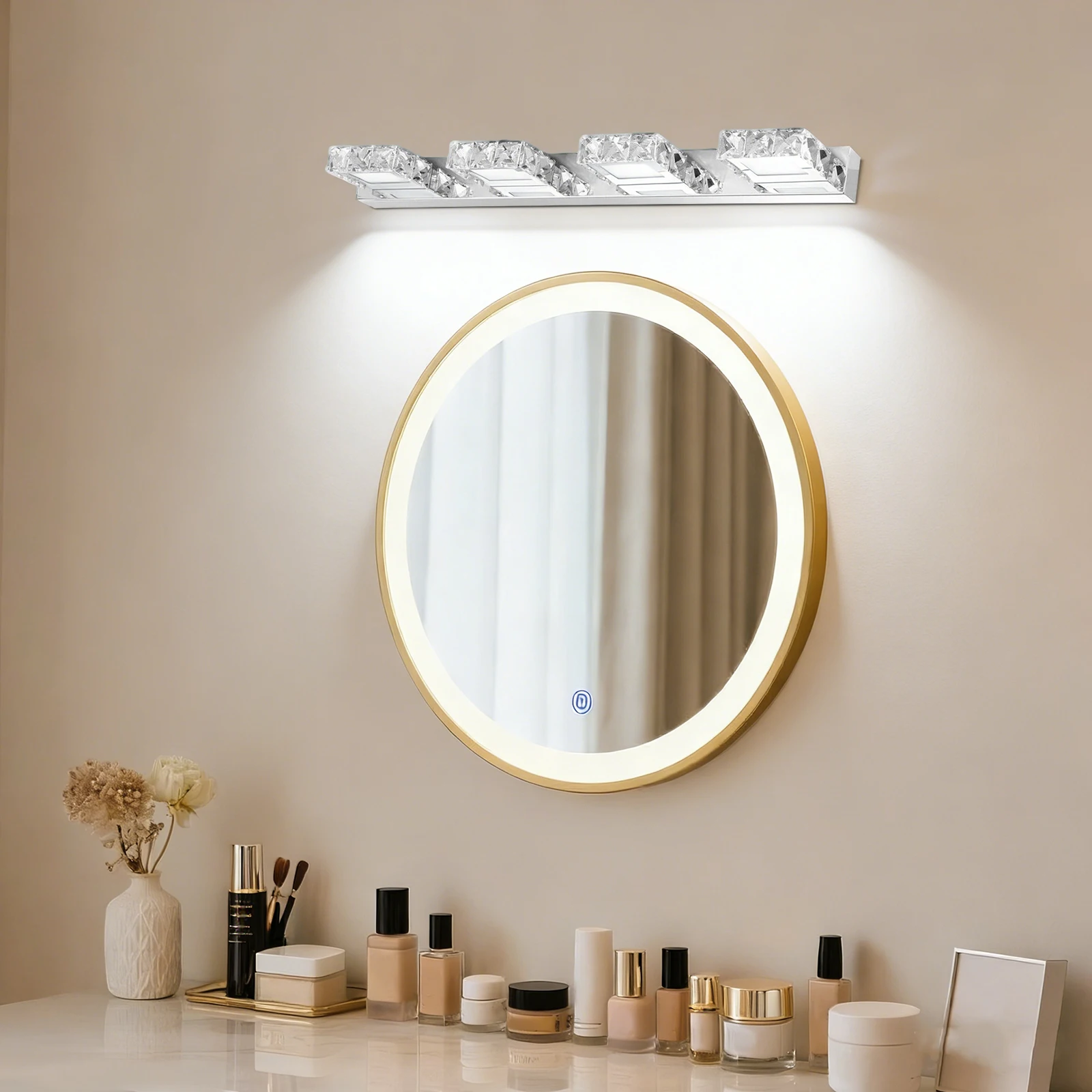 4-Head Crystal Mirror Light Modern Bathroom Makeup Light Long Waterproof Wall Lamp LED Wall Fixtures Sconce, White