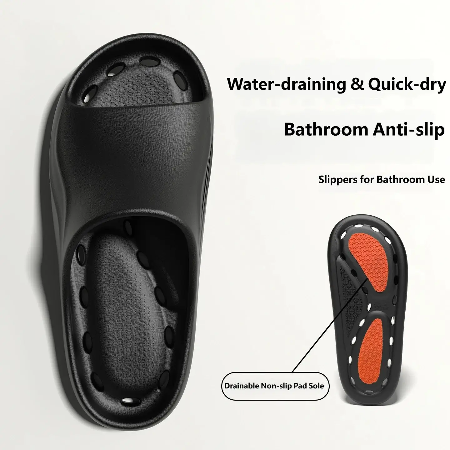 Men Bathroom Non‑Slip Slippers EVA Quick Dry Drainage Hole Shower Slides Anti‑Slip Cushion Home Bath Sandals