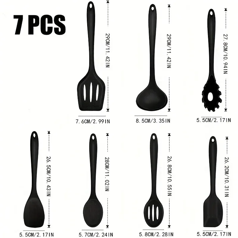 1/7-Piece Silicone Kitchen Utensil Set - Non-Stick Spatula, Spoon, Skimmer, Pasta Clip & More for Cooking & Baking
