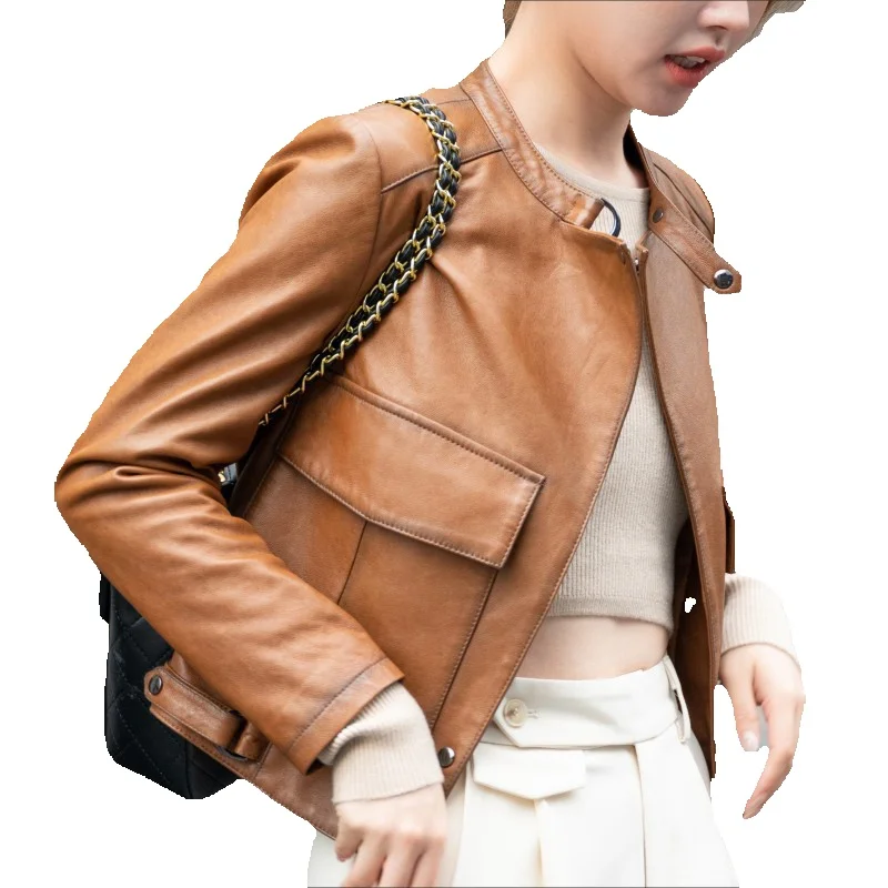 

Short Motorcycle Genuine Leather Jacket For Women With Standing Collar And Sheep Leather Early Spring New Minimalist Slim Fit Ja