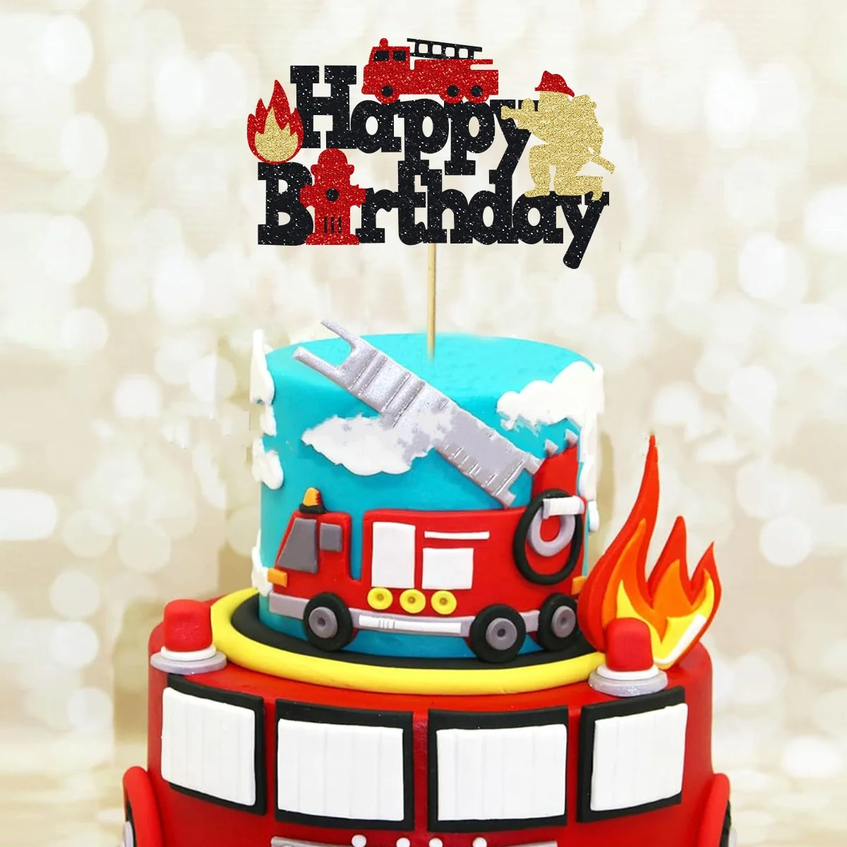 Fire Truck Cake Topper Firefighter Fireman Fire Hydrant Happy Birthday Cupcake Toppers Decoration Kids Party Diy Baking Supplies