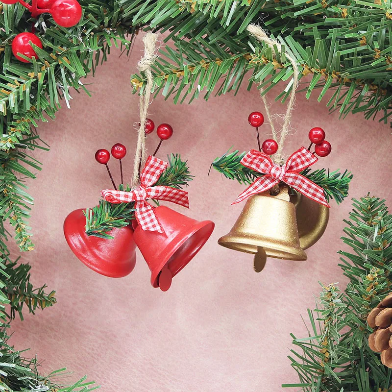 

(2 Pieces/bag) 8cm Metal Large Horn Bell Door Pendant Berry Bow Bell Christmas Tree Hanging Clock New Year's Gift DIY