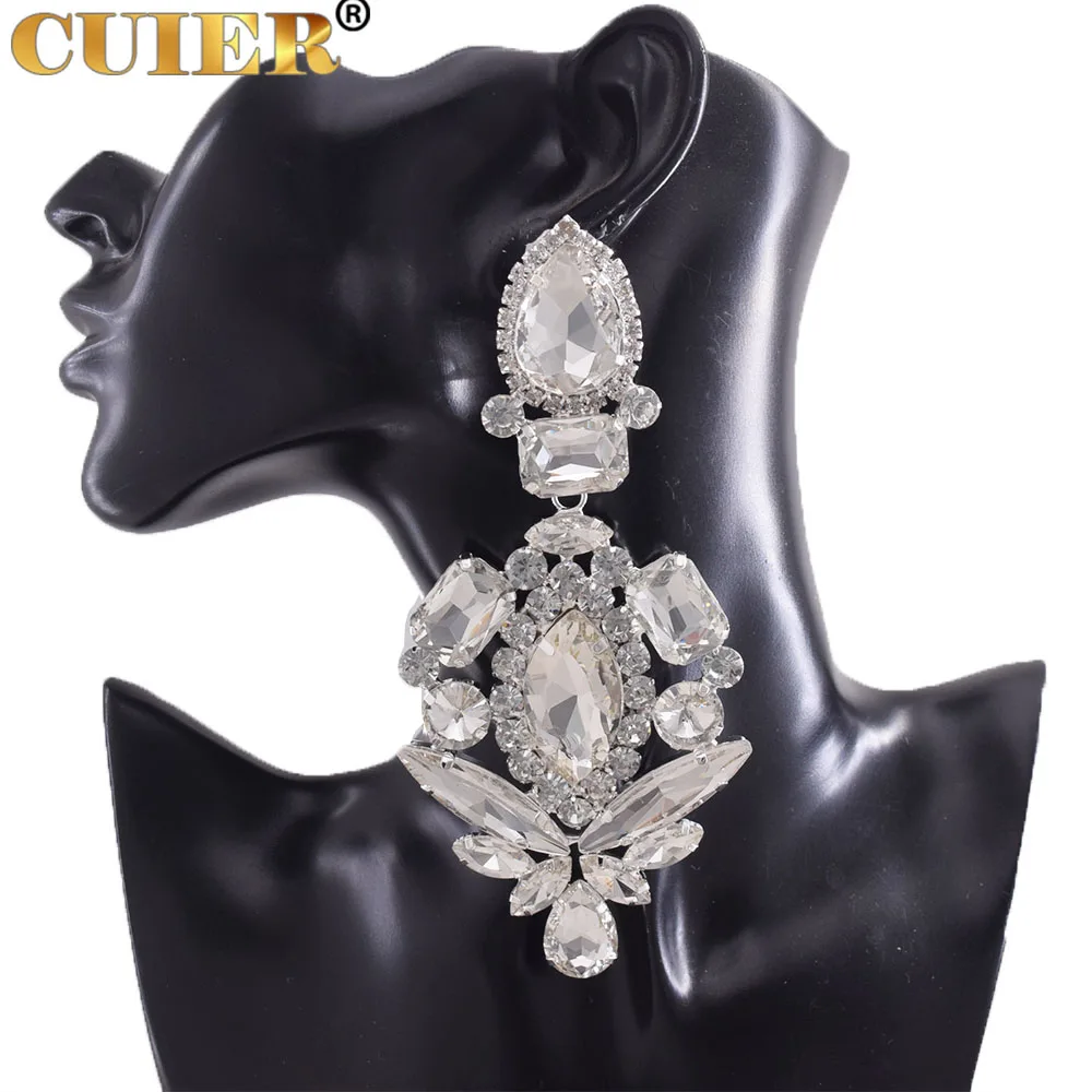 Clip on Huge Size Glass Strass Crystal Dangle Long Earring for Drag Queen Women Wedding Jewelry Heavy Stage Accessories