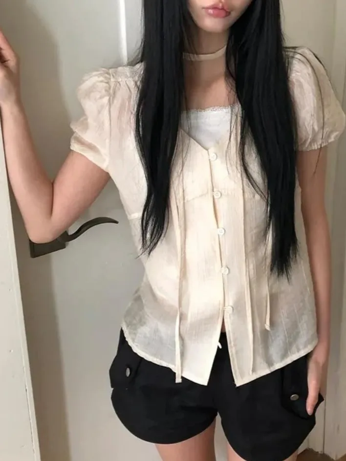 

Chic Texture Summer Shirt Women's Korean Style Single Button Bow Bubble Sleeve Short Sleeve Top Small Size Fashionable Blouse