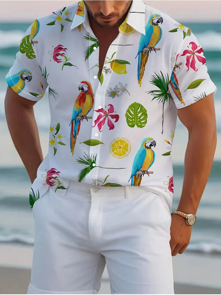 Beach Vacation Leisure Harajuku Men's Shirt Hawaii Fashion Oversize Summer Short Sleeve Shirt Parrot 3d Digital Printing Shirt