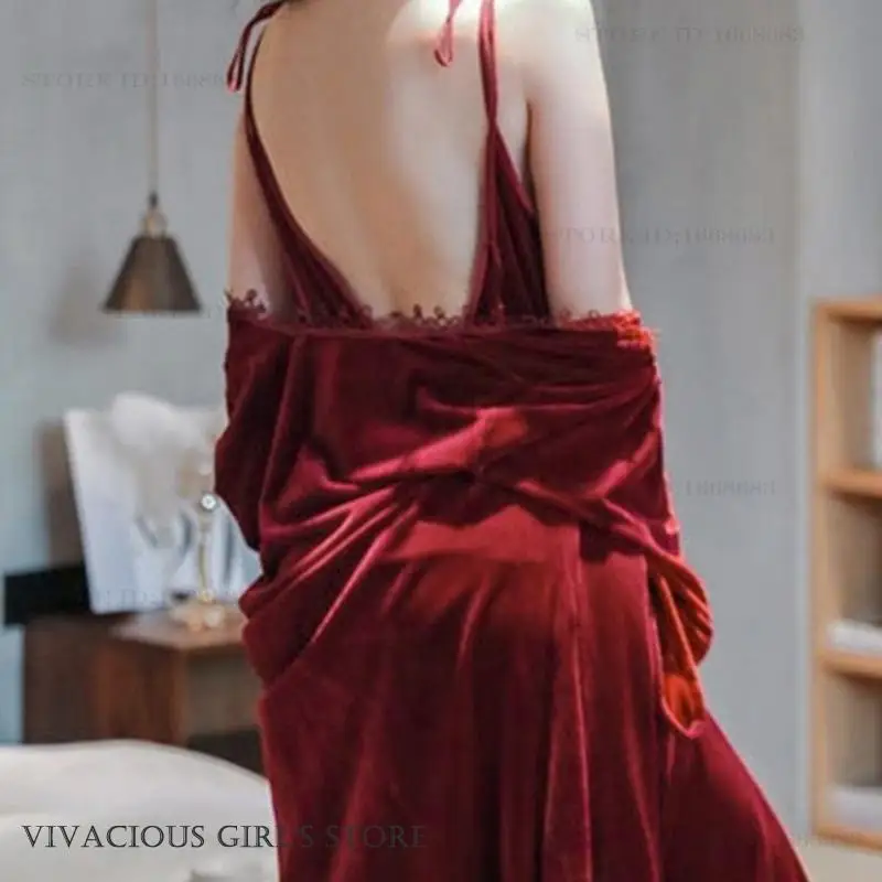 

Autumn Winter Velvet Twinset Robe Set Female Long Kimono Ghonw Bathrobe Sexy Backless Nightgown Lingerie Loose Velour Homewear