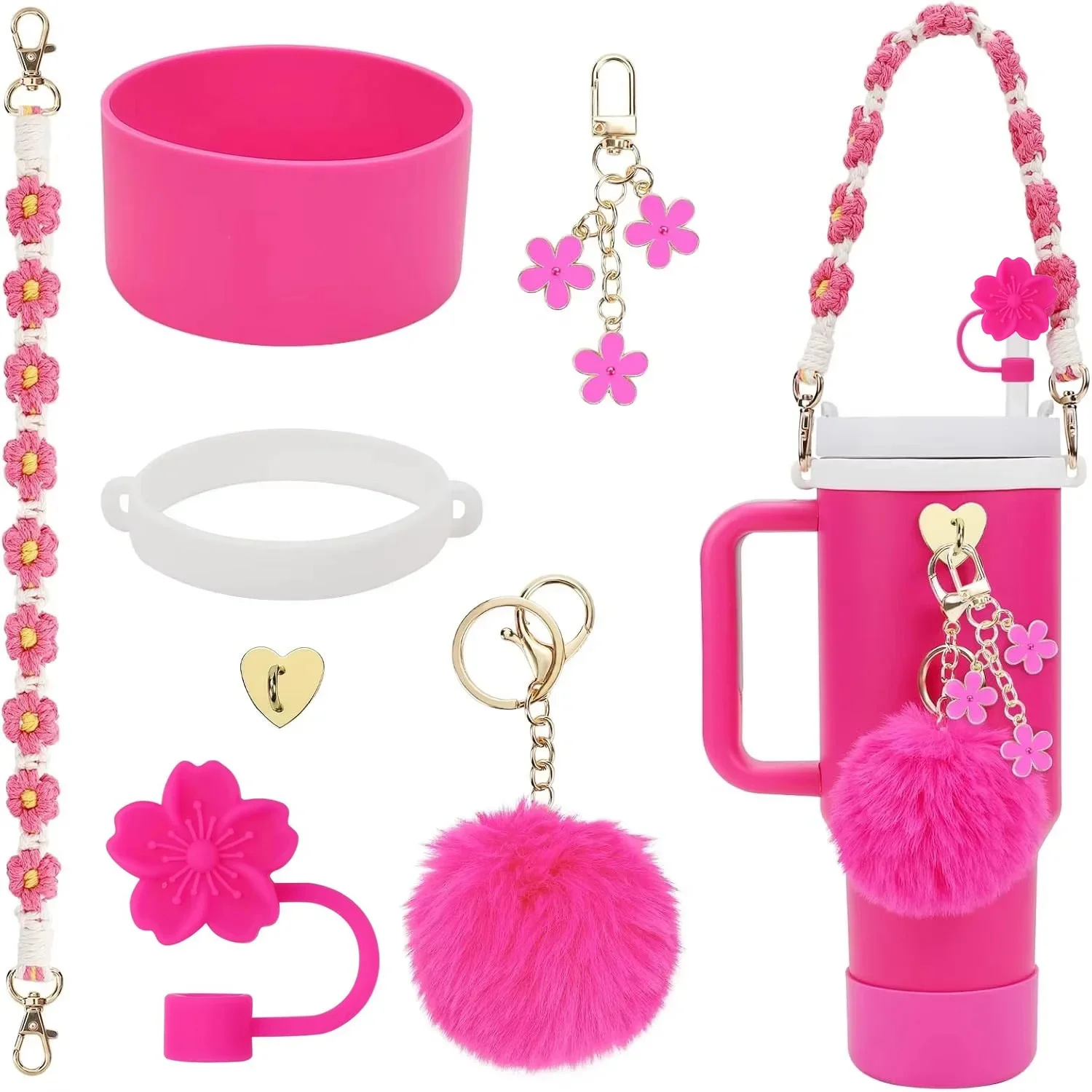 7/8pcs Cup Accessories Set for Stanley Cup Including Handle Strap Siliocne Cup Boot Straw Cover Charms for 40oz 30oz Tumbler