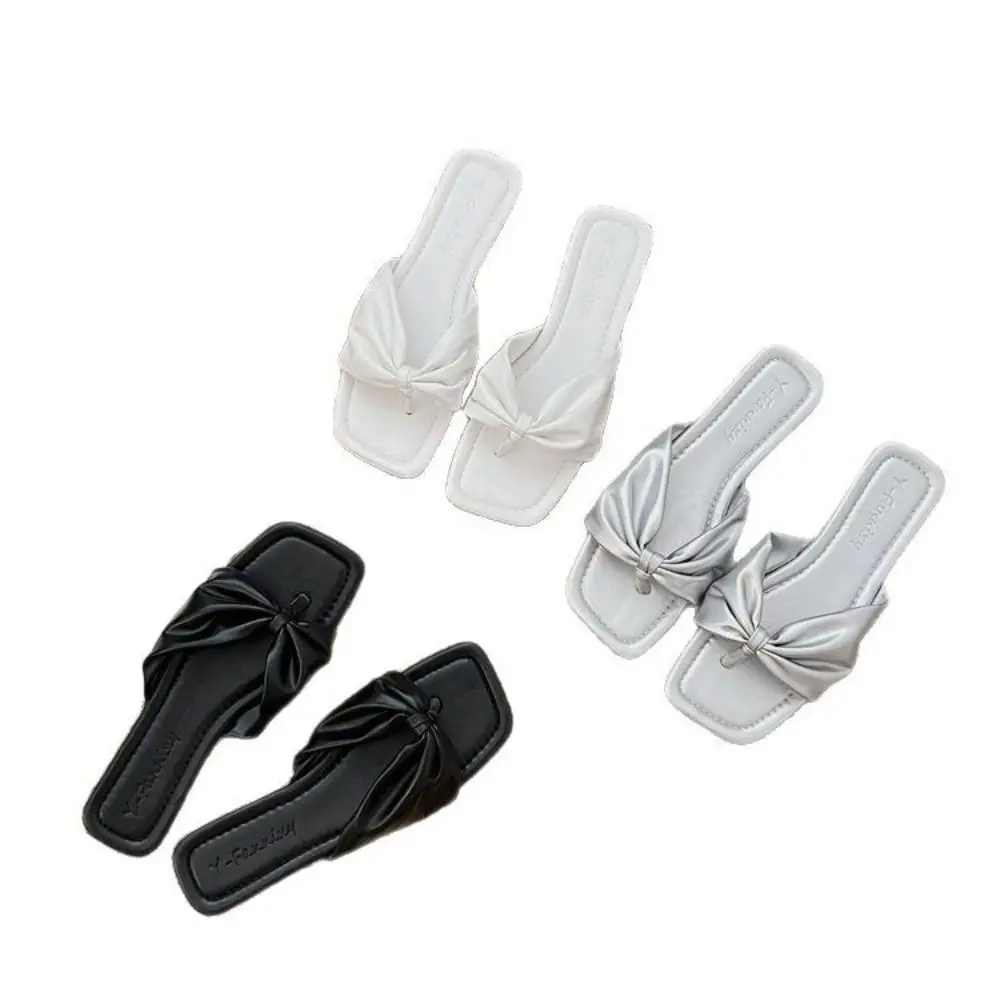 Light Luxury PU Bow Beachwear Flip Flops Soft Sole Anti Slip Clip Toe Flip Flops Shoes Sweet Flat Slippers Women Girls