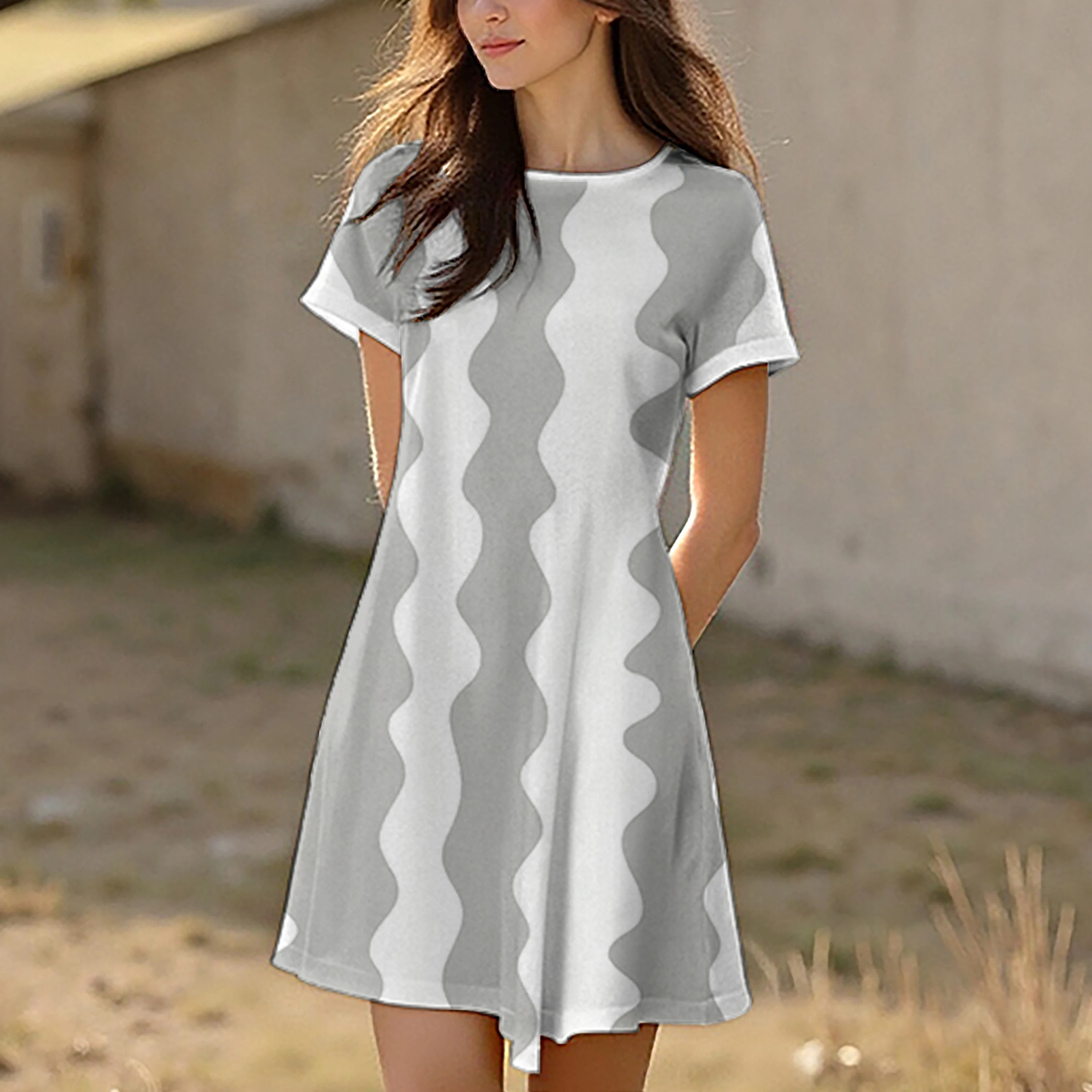 Vestido feminino de verão com gola redonda e padrão listrado de bolinhas, casual, confortável, elegante e respirável