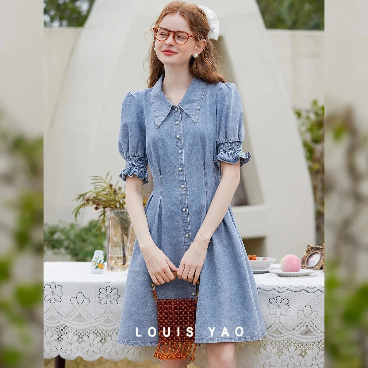 

LOUIS YAO Short Sleeve Women Denim Dress 2025 Summer Fashion Casual Dress Slim Fit High Waist Turn Down Collar Lace Dress