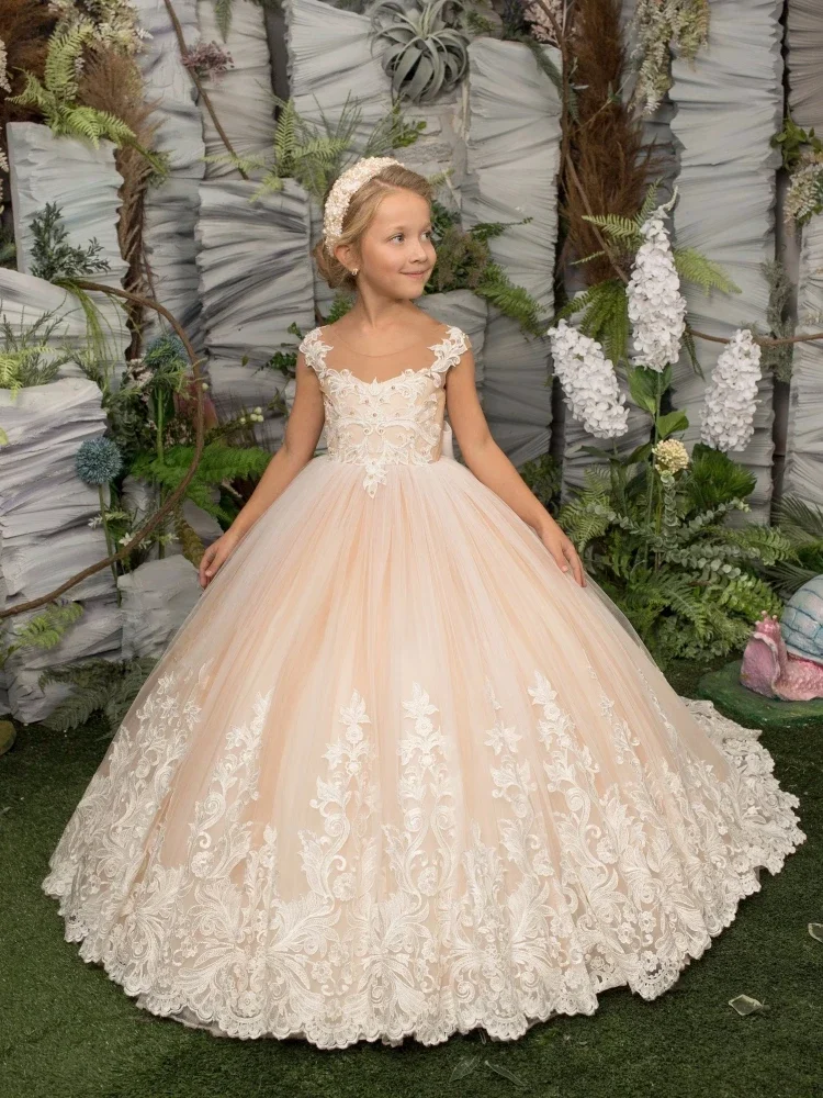 Light Pink Flower Girl Dresses Tulle Puffy Patterned Embroidery Lace Hem Sleeveless For Wedding Birthday First Communion Gowns