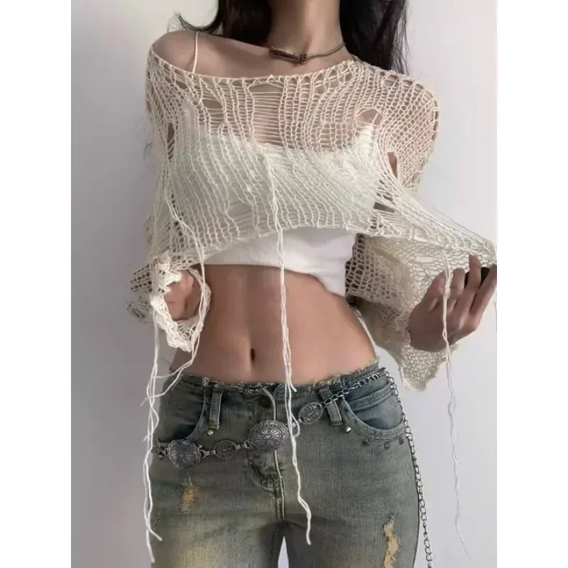 White Slash Neck Grunge Knitted Women\'s Sweater Hole Ripped Pullover Crop Top Harajuku Hollow Out Sexy Summer Jumpers