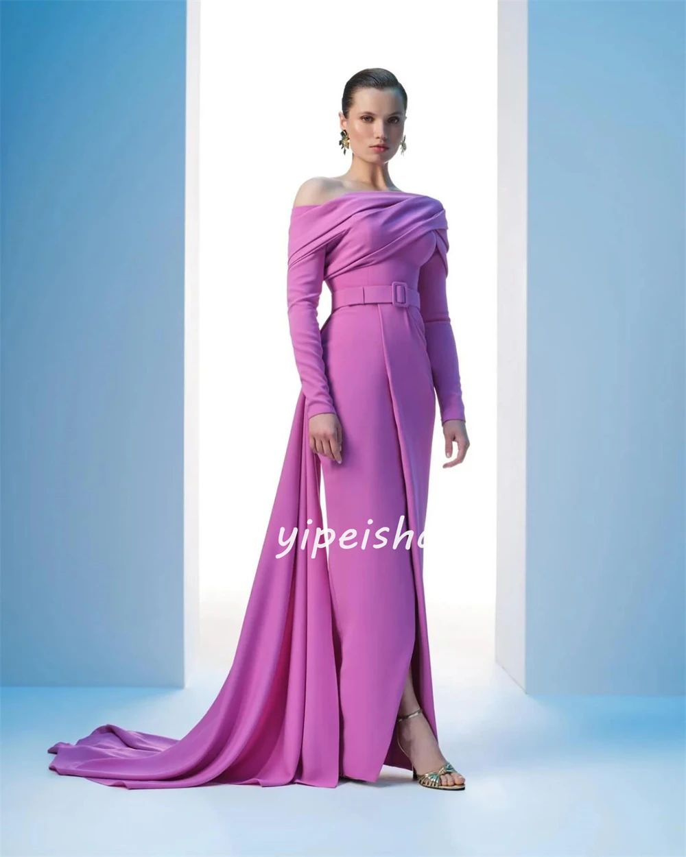 Jersey Draped Sash Party A-line ปิดไหล่ Bespoke โอกาสชุดเดรสยาว