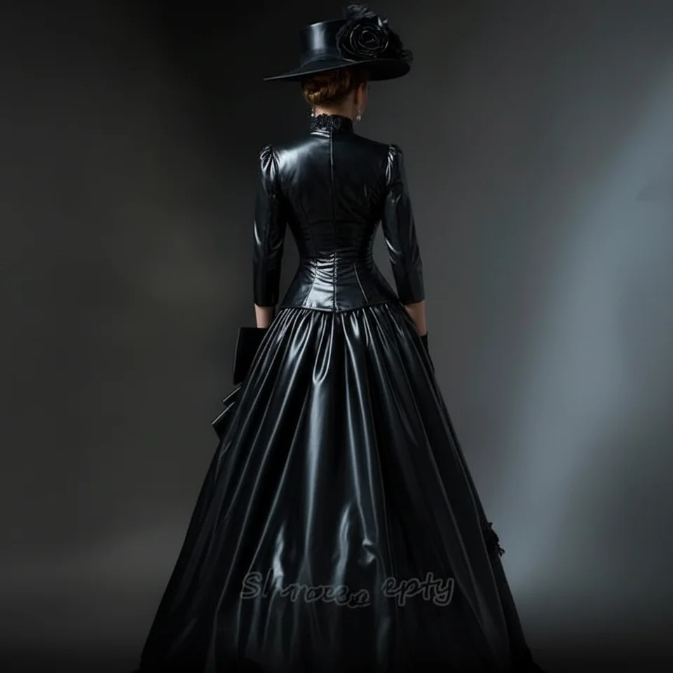 Shiny Black PVC Leather Prom Dress Gothic Victorian Halloween Costume Ruched Two Pieces Cosplay Party Evening Gown Customized
