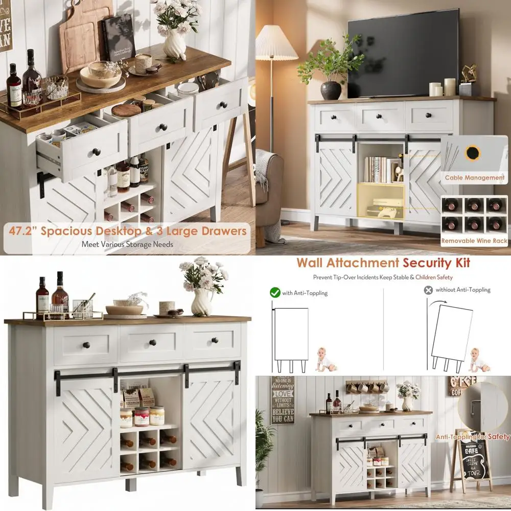 

47 Rustic Wine and Beverage Cabinet with Sliding Barn Door, Perfect for Kitchen, Dining, and Living Spaces in White