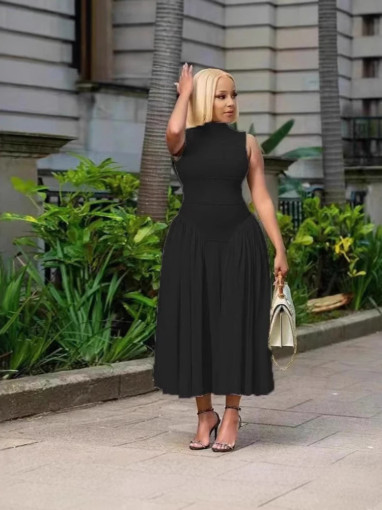 ノースリーブドレス女性のためのプリーツカジュアルドレスコルセットウエストエレガントなファッションレディースサマードレス卸売ドロップシッピング