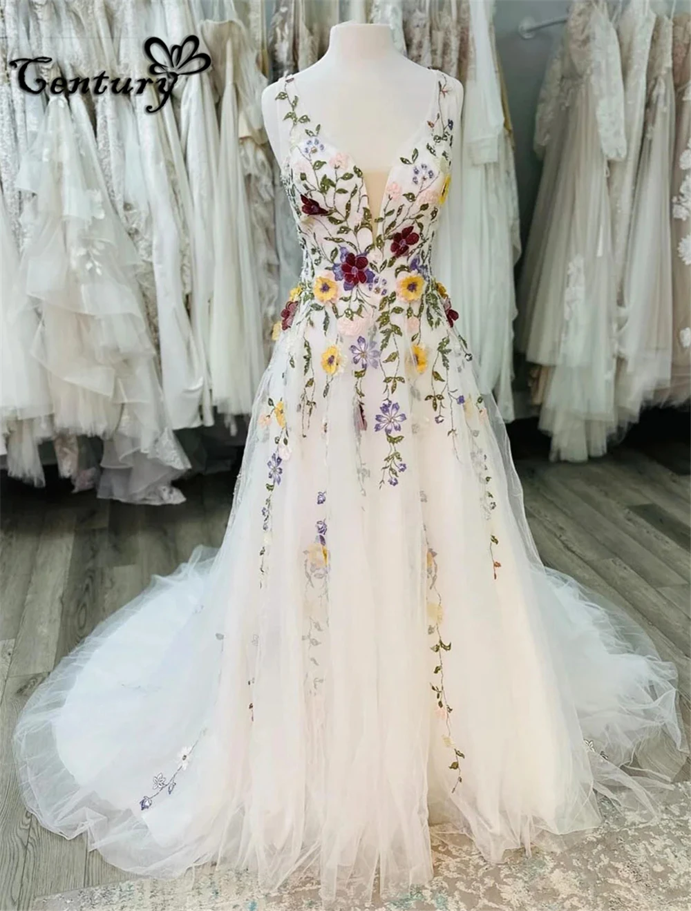 Colorful Embroidered Floral Wedding Dress Flowers V Neck Backless A Line Rustic Bridal Gowns Robe de Mariee 2025 Customized