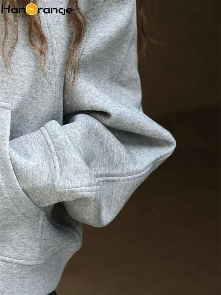 HanOrange 2024 Autumn Fashion Air Layer Half Zipper Hoodie Women Skin Friendly Comfortable Loose Hooded Pullover Grey/Navy Blue