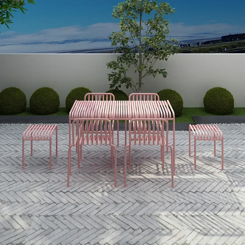Pink Wrought Iron Garden Table and Chair Set Outdoor Leisure Furniture Simple Modern Patio Bistro Set for Courtyard Lawn