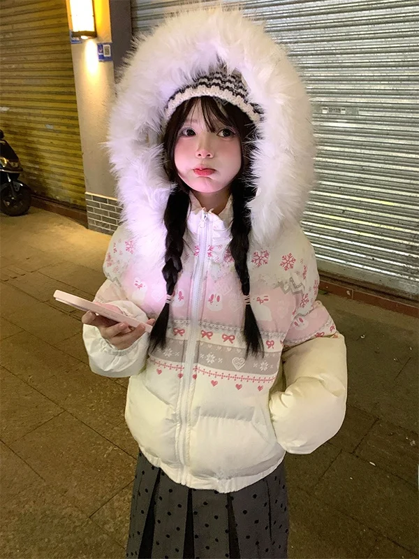 

Korean Sweet Snowflake Rabbit Print Fur Trim Hooded Cotton Jacket Women Winter New College Style Very Attractive Bread Coat