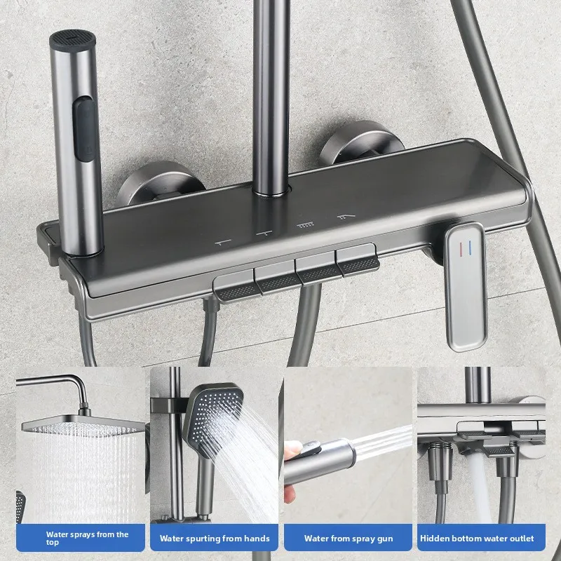All Copper High Pressure Thermostatic Shower Set Storage Shelf Overhead Rainfall Shower Head Home Bathroom Collection Bathroom