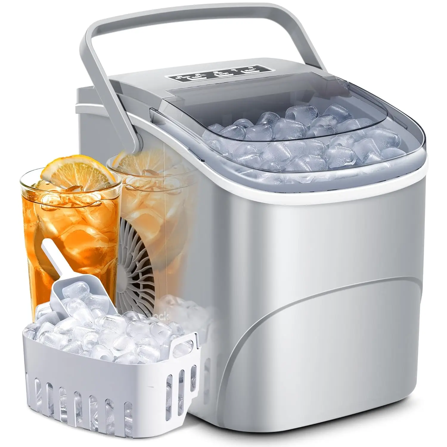 

Portable Ice Makers Countertop w/ Handle,26.5Lbs/24H,9 Cubes in 6 Mins,Portable Ice Maker Machine with Self-Cleaning