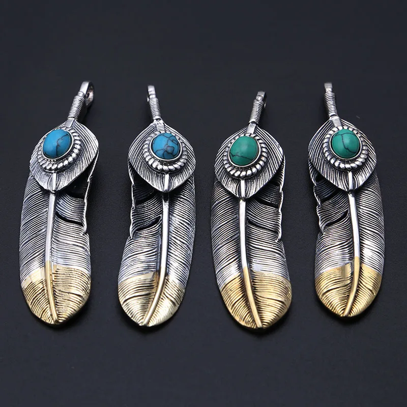 Manufacturer wholeSale S925 Sterling Silver jewelry thai Silver inlaid turquoiSe feather necklace pendant for men and women