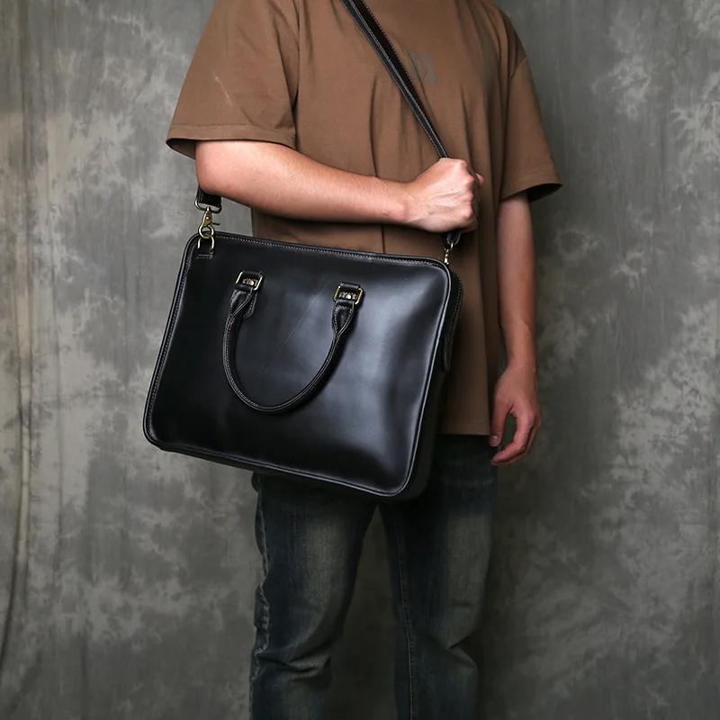 Tas Tangan Kulit Sapi Lapisan Atas Retro Tas Kerja Kulit Asli Sederhana Tas Komputer Buatan Tangan Kulit Kuda Gila Kapasitas Besar