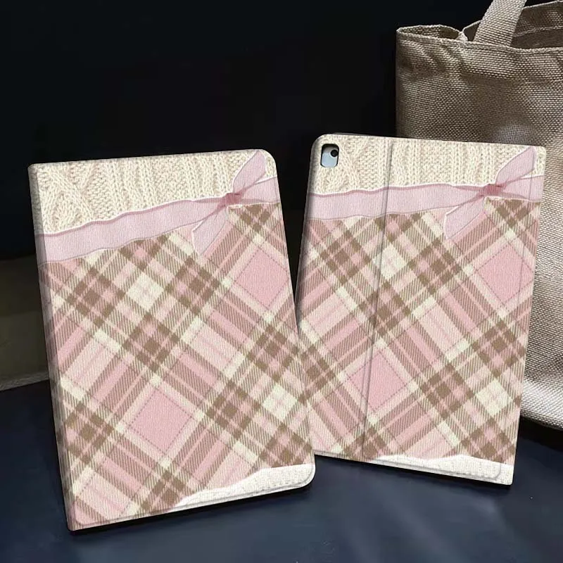 

Brown White Plaid Ribbon Gift Tablet Case For Apple iPad Air Pro mini 1 2 3 4 5 6 7 8 9 11 M2 M3 M5 M4 5th 6th 7th 10th 11th
