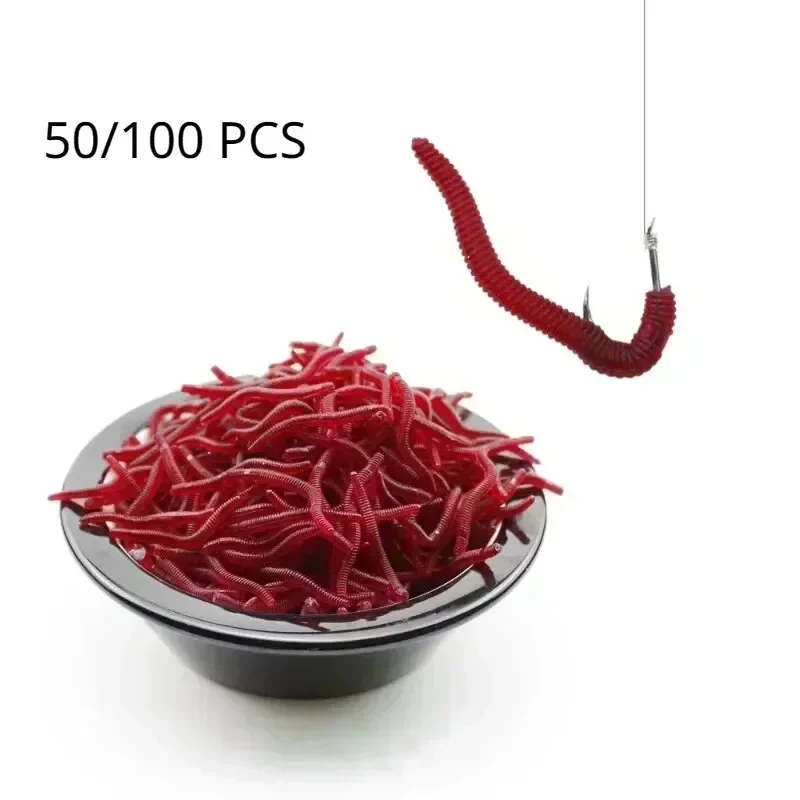 

20/50/100PCS Soft Lure Bass Bream Bloodworm Fishing Earthworm Worm Rubber Red Worms Baits Fishy Smell Realistic Tackle