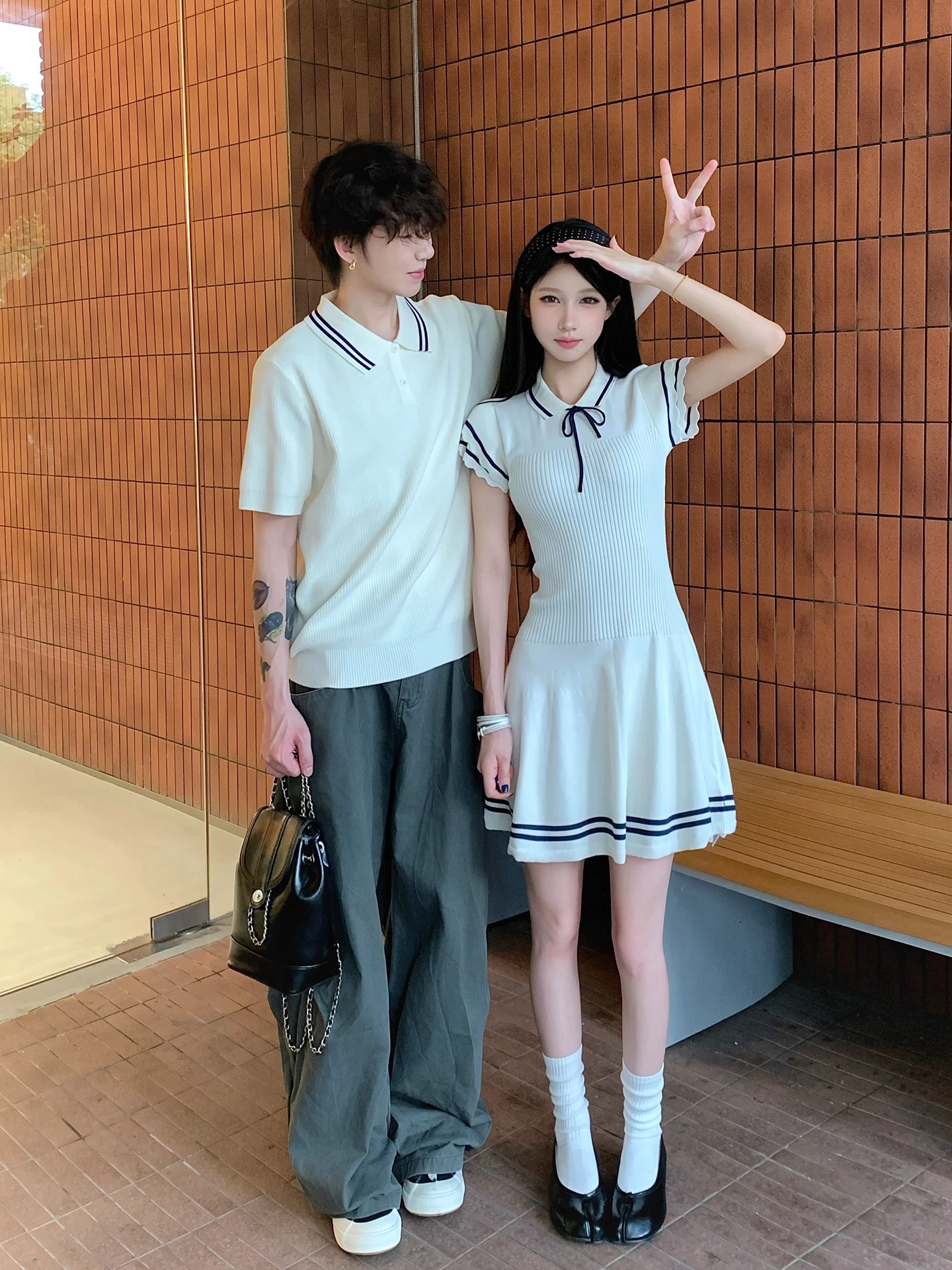 Korean Style College Couple Summer Short Sleeve  Neck T-Shirt Dress Knitted Dress  Skirt Slimming Effect