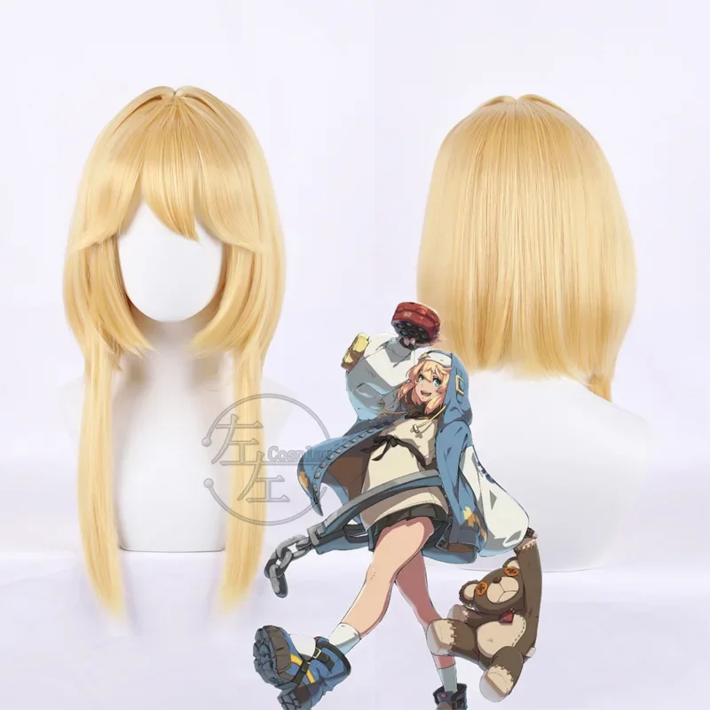 Game Guilty Gear Bridget Cosplay Wig Golden Long Heat Resistant Synthetic Hair Wig + Wig Cap Halloween