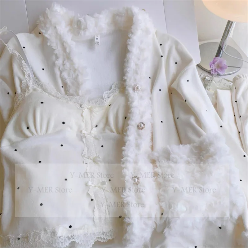 

Princess Style Home Clothes Island Fleece Warm Sleepwear 3Pcs Can Be Outwear with Pocket Sweet Loungewear Pijama Mujer Pjs