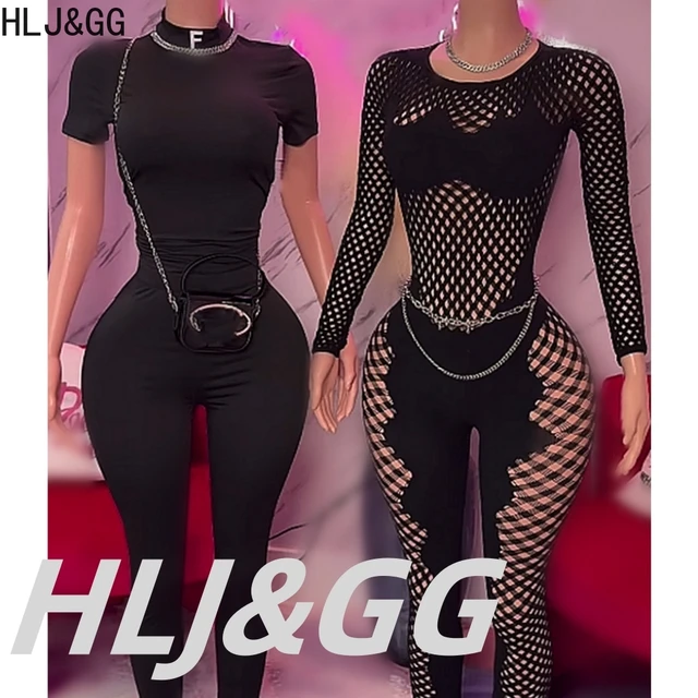 HLJ&GG Black Sexy Hollow Out See Though Bodycon One Piece Jumpsuits Women Round Neck Long Sleeve Slim Playsuits Fashion Clubwear