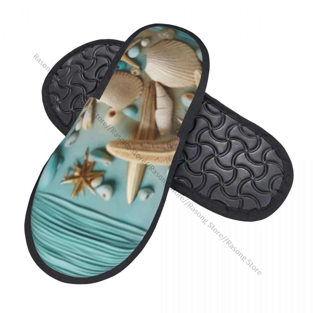 Winter Women Men Non-Slip Flat Slippers Aquatic Starfish Seashell Indoor Fur Soft Warm Shoes