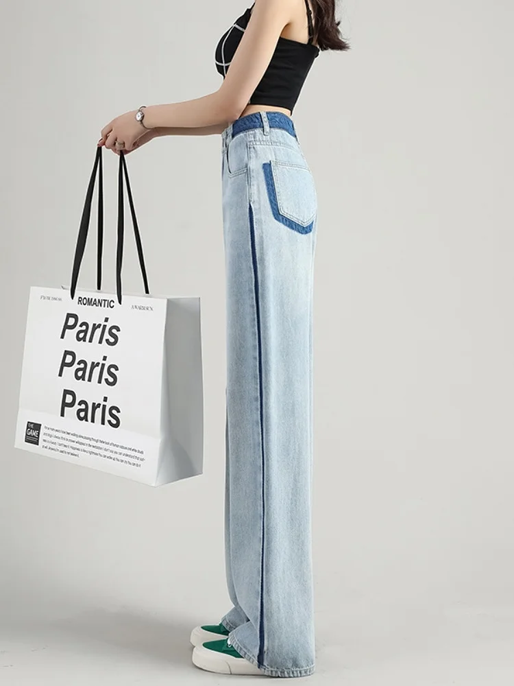 

Модные широкие джинсы с высокой талией, женские свободные джинсы прямого кроя, светло-голубые летние длинные брюки, цветной дизайн, повседневная мода