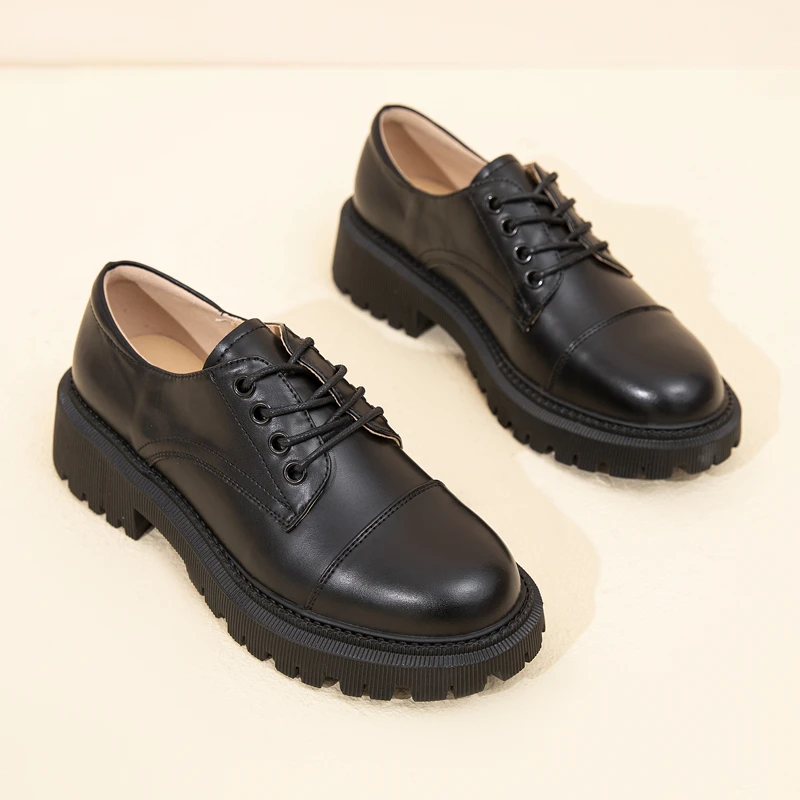 AIYUQI Women Loafers Shoes Genuine Leather Thick Heels Student Shoes Female Lace Up British Style Lady Oxford Shoes Footwear