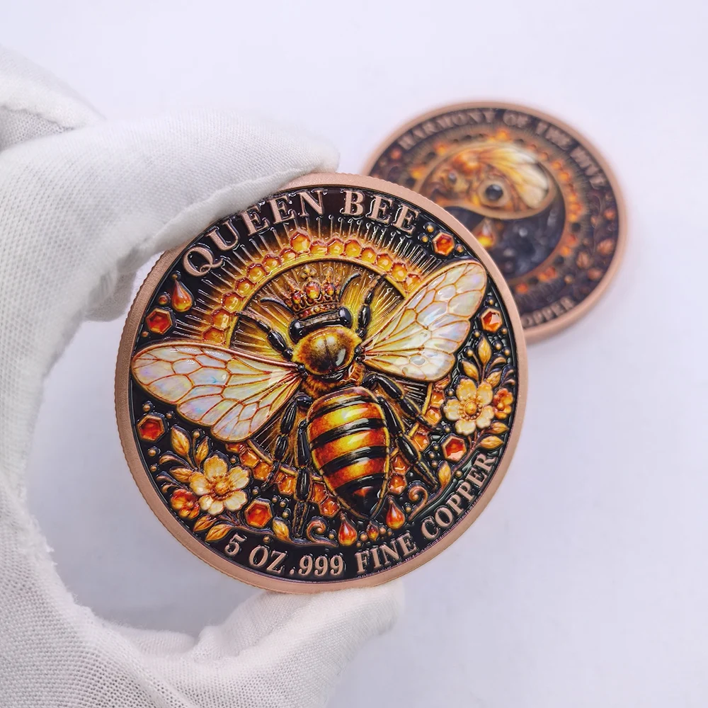 5 OZ .999 Feinkupfer Runde Gedenkmünze „Bienenkönigin“ mit Yin-Yang-Symbol, Harmonie des Bienenstockes, Kunstmedaille, Sammlerstück, Geschenk