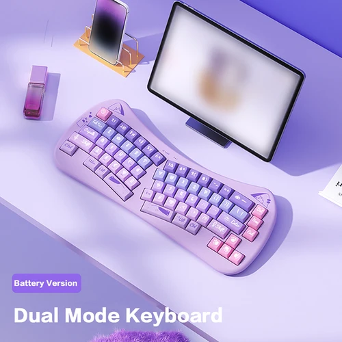 Imagen 2 del producto Teclado ergonómico Bluetooth 5,0 + 2,4G con múltiples dispositivos, teclado inalámbrico con teclas de gato bonito de 68 teclas para sistema operativo Win7/8/10/Android/Mac
