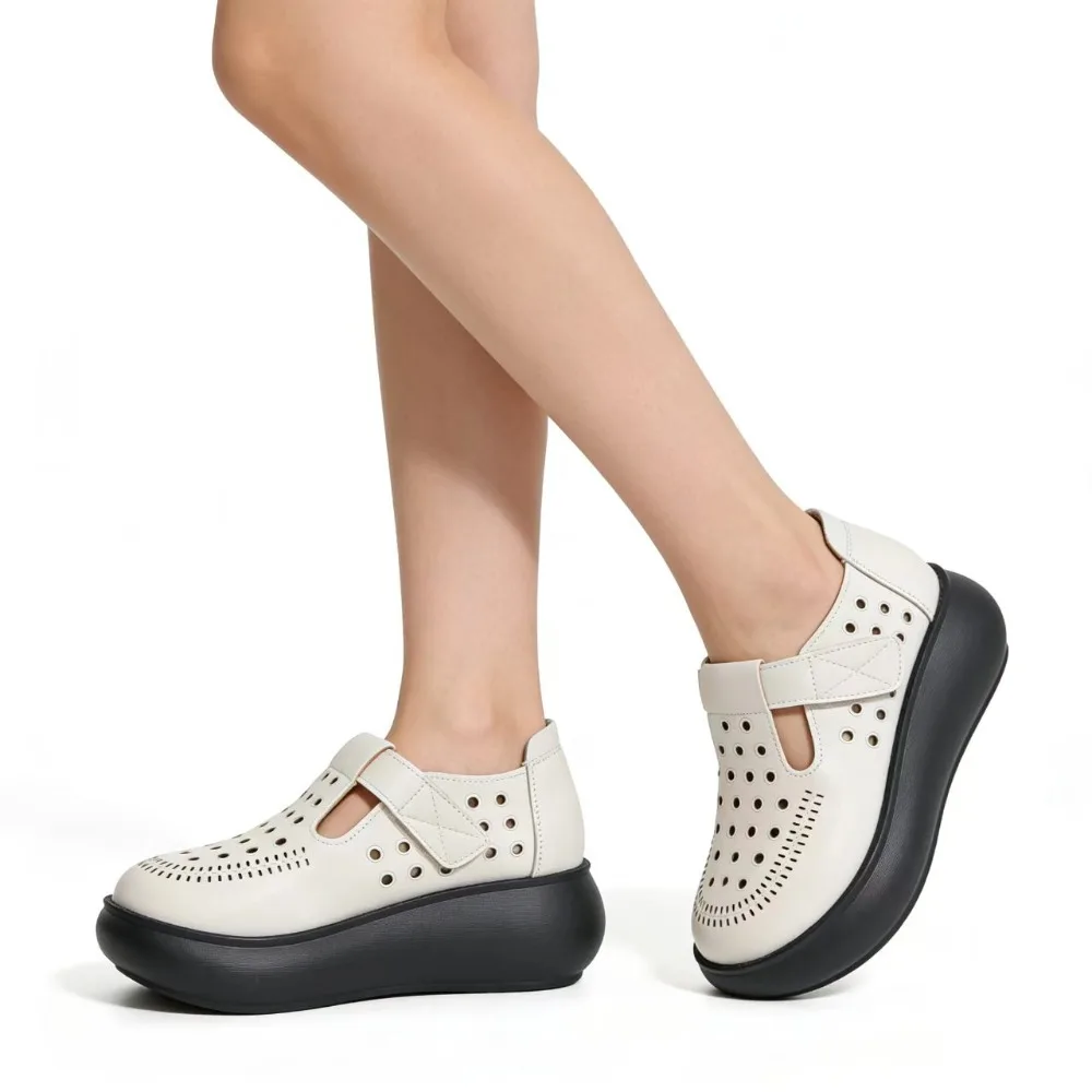 Summer Women Platform Mary Jane Shoes Hollow Out Breathable Cutout Casual Height Increasing White Shoes 5cm Soft Comfort D971