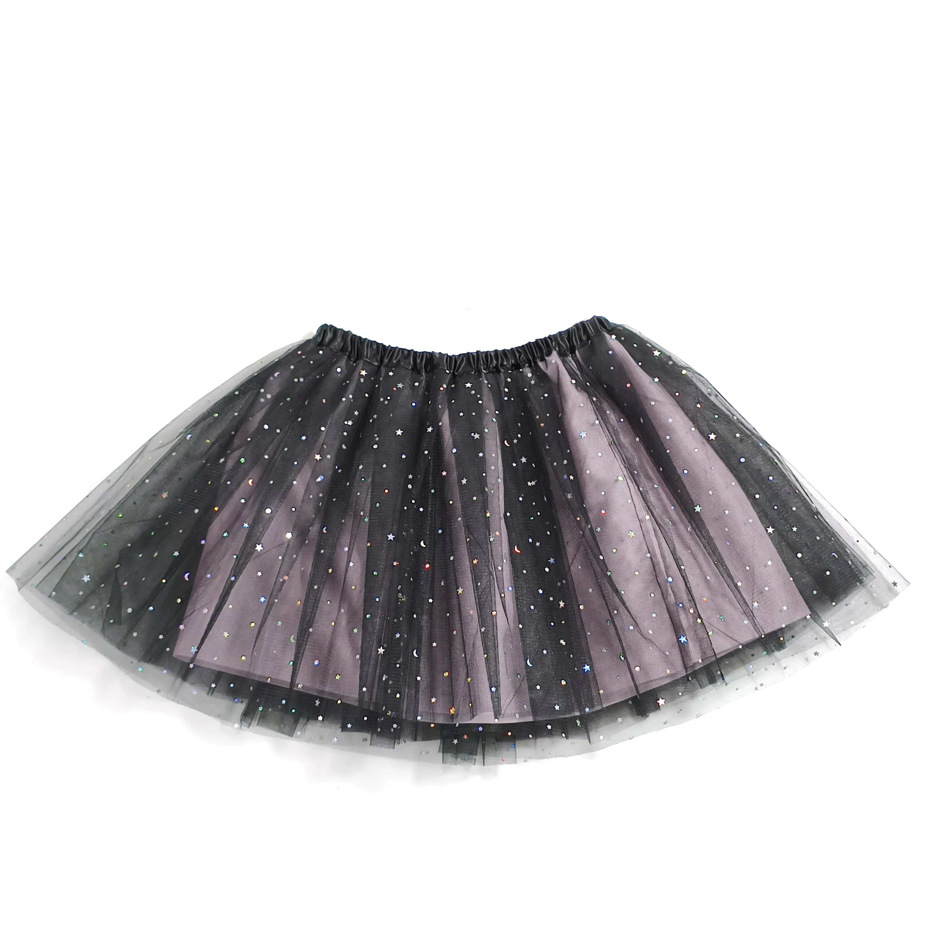 Colorful Star Sequin Tutu Skirt Adult Mesh Puffy Short Skirt Halloween Stage Performance Half-length Tulle Skirt Black Pink