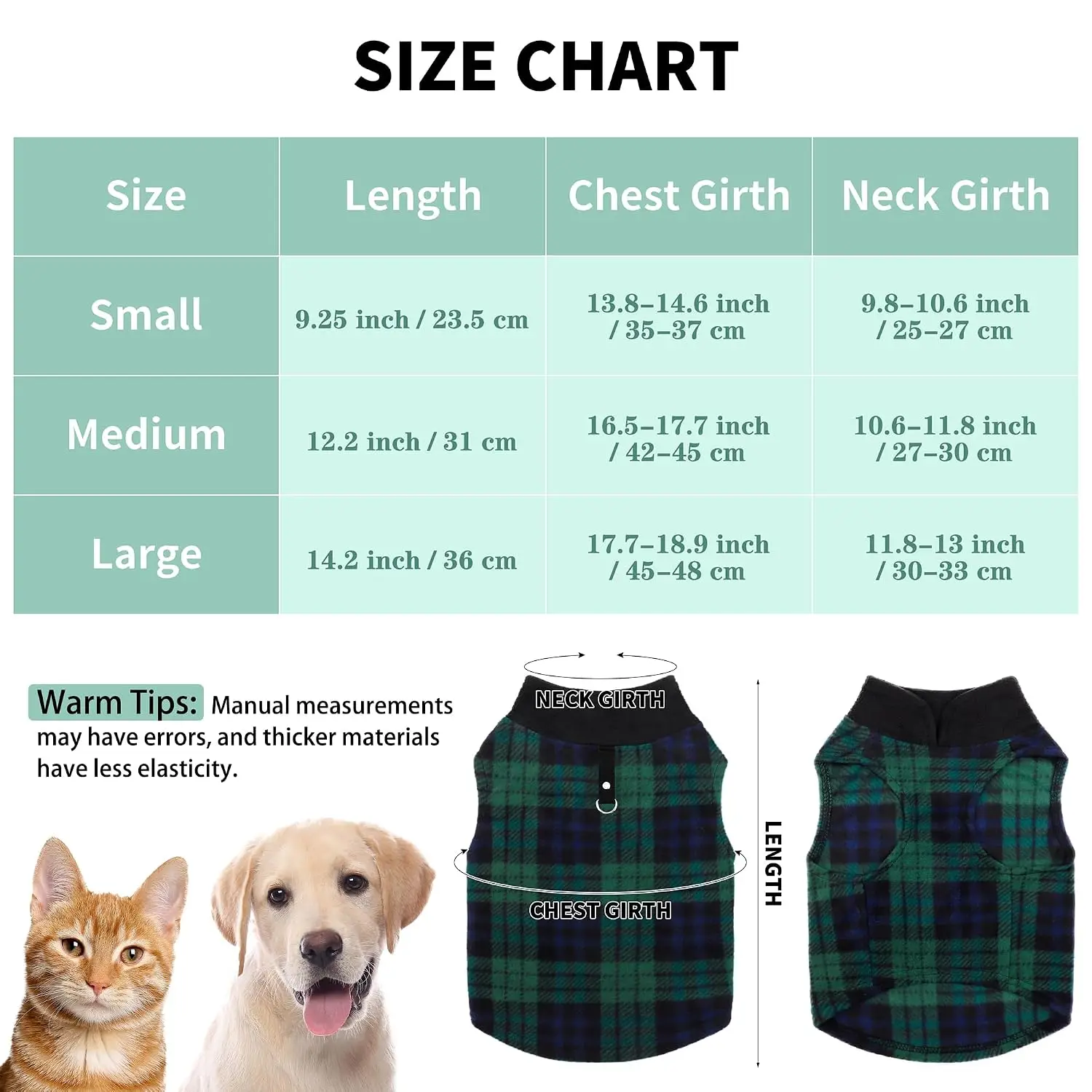 Warm Fleece Dog Vest With Leash Ring, Winter Pet Sweatshirt Plaid Pullover for Puppy Small Dogs Cat, Medium, Customized