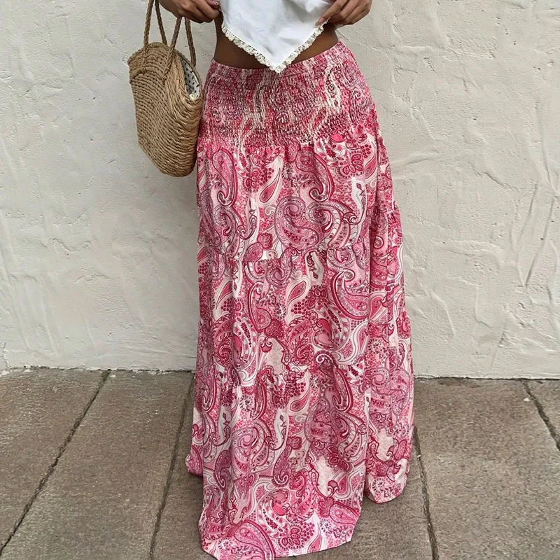 

2025 New Summer Women Skirt Print Skirts Sweet Elastic Waist A-LINE Ankle Length Skirt Women Skirts for Women Faldas Q280