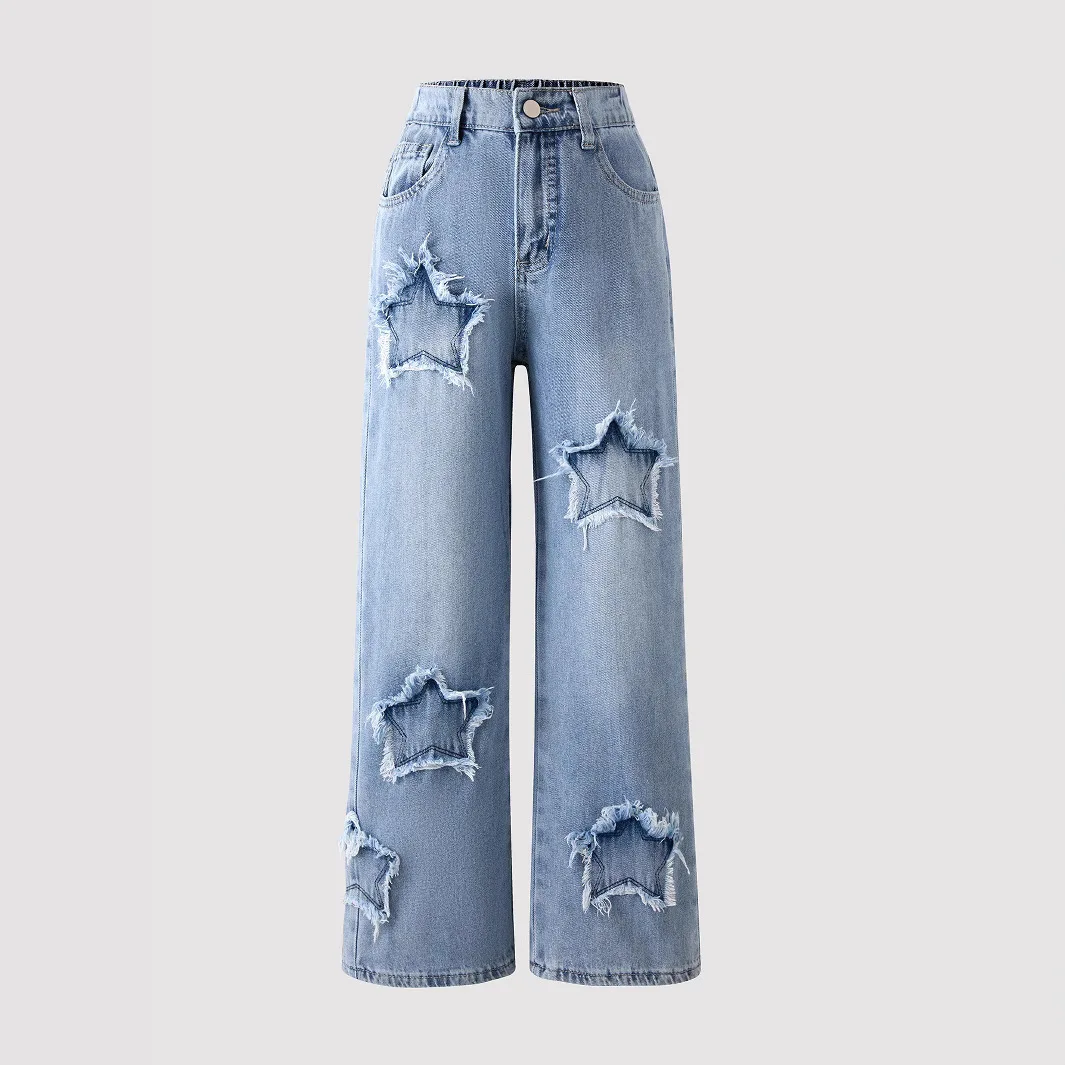 Girls Washed Wide Leg Jeans Kids Loose Trousers Stars Daily Casual Outerwear Elastic Waist Denim Pant Y2k Streetwear 2026 Summer
