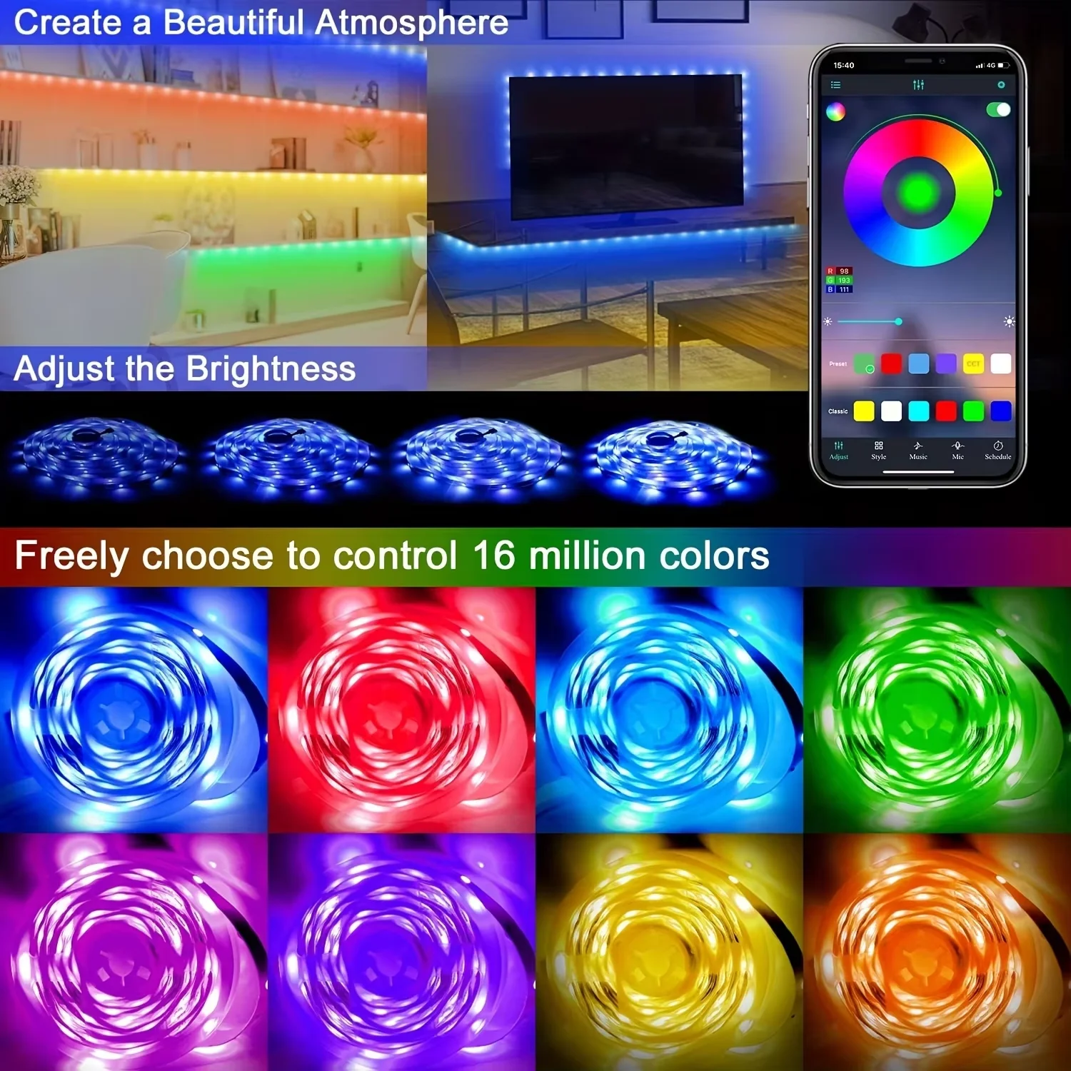 LED Strip Lights RGB SMD5050 1M-40M Led Strip Diode Tape Ribbon Music Sync 16Million Colors Changing for Party Home TV BackLight