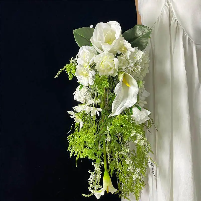 

Waterfall bouquet bride wedding simulation bouquet white magnolia calla lily white green forest mix and match photo studio weddi