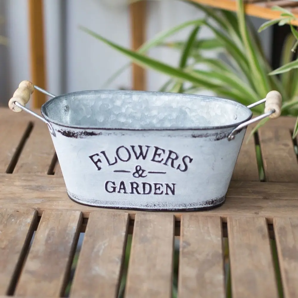 Creative Rustic Iron Oval Flowerpot Wooden Handle European Style Retro Flower Vase Pastoral Wooden Flower Bucket Balcony