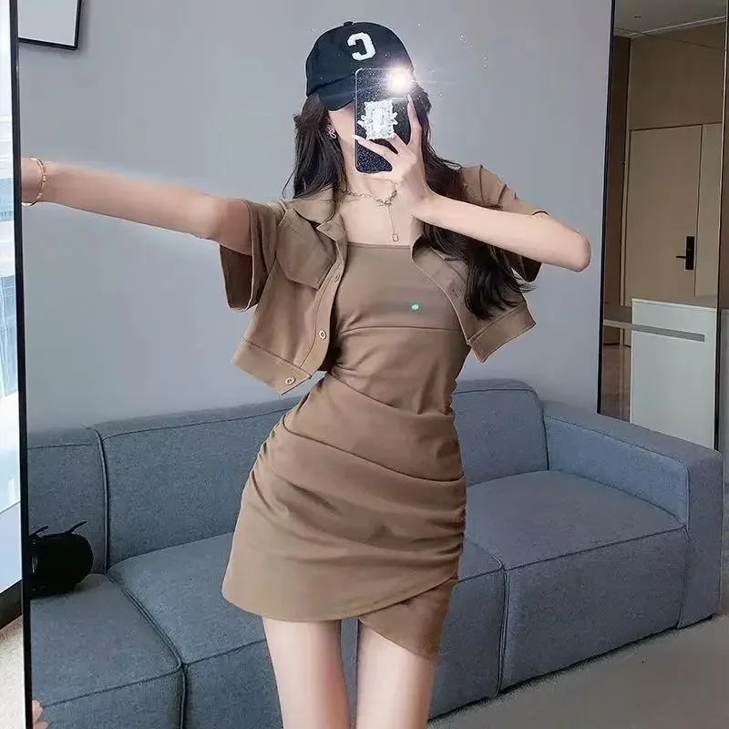 

New Arrivals Korea Style Sets Women's Two Piece Set Mini Short Sleeve Female Outfits Korean Style Festival Vintage Clothing