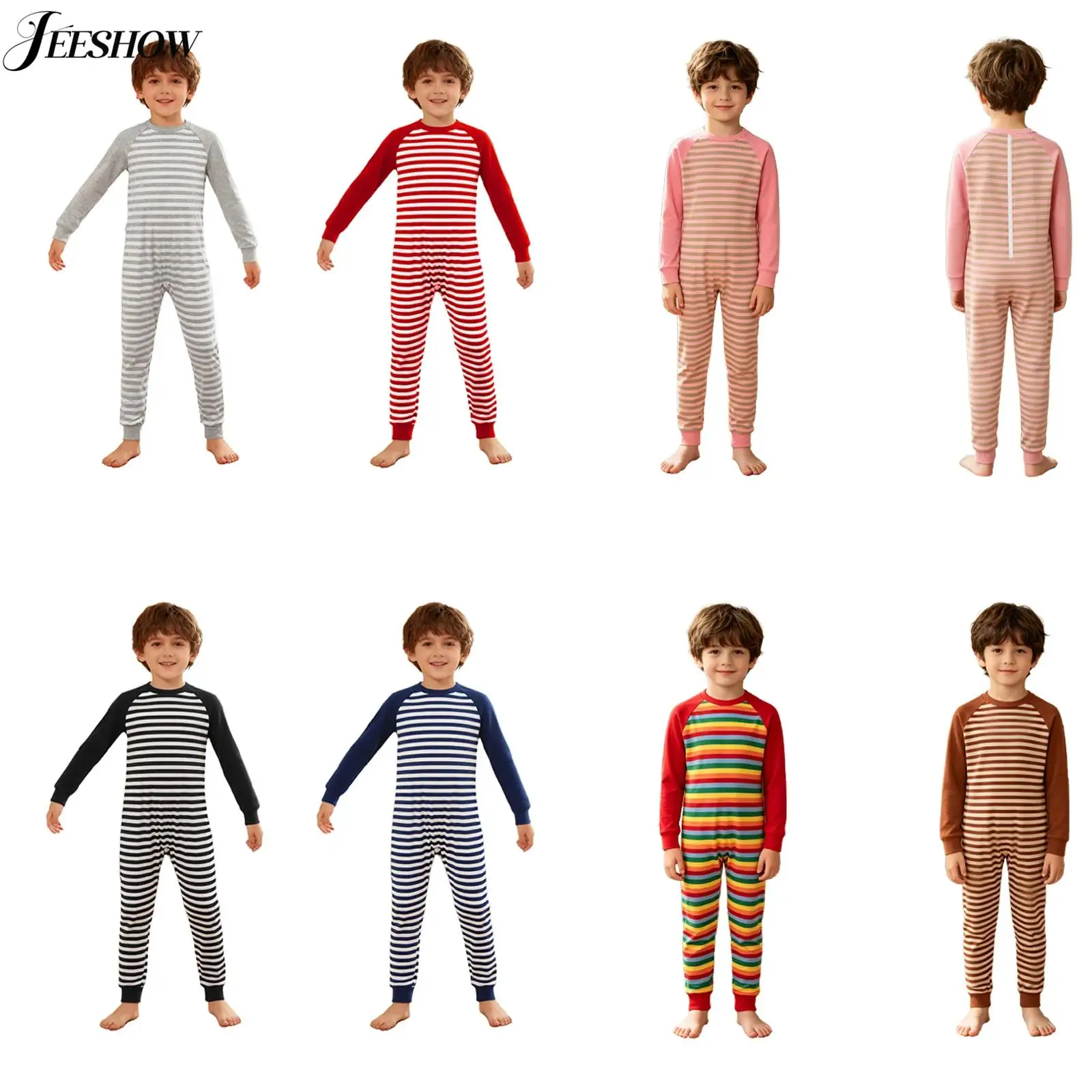 Boys Girls Adaptive Clothing for Special Needs Striped Round Neck Long Sleeve Back Zipper Anti-Strip Jumpsuit Casual Loungewear